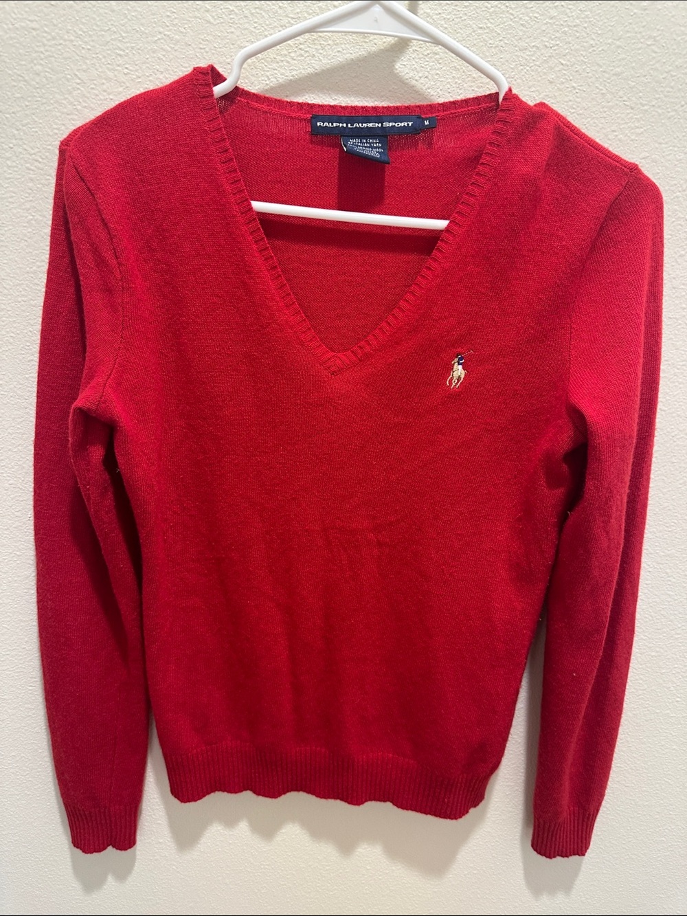 Ralph Lauren Sport Women’s V-Neck Sweater in Red with Embroidered Pony